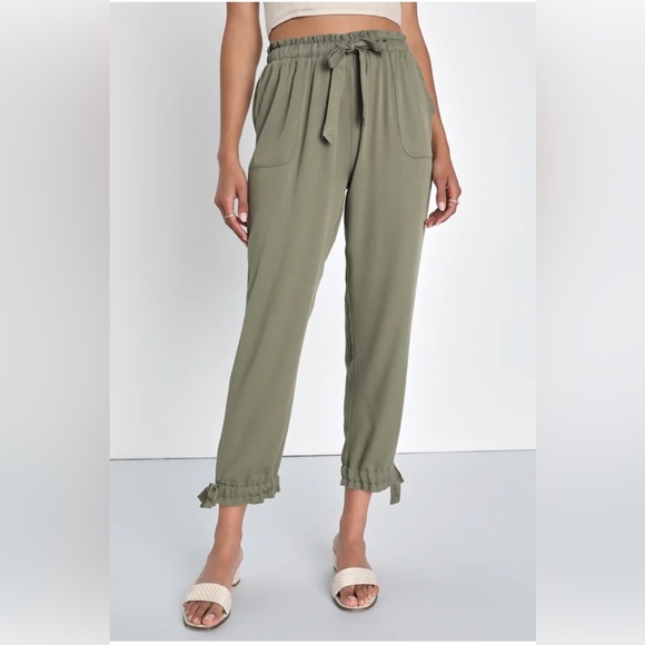 NWT Lulus  Sebastian Olive Green Tie Waist Pants - Picture 8 of 13